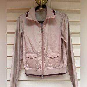 Authentic Prada pink nylon full zipper light jacket. Classic collar trim, Small.